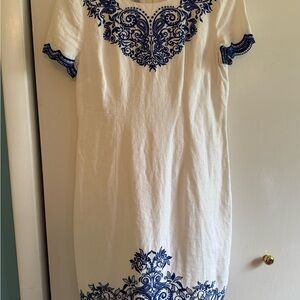 Talbots Cream and Blue Sheath Midi Dress Casual Resort Wear